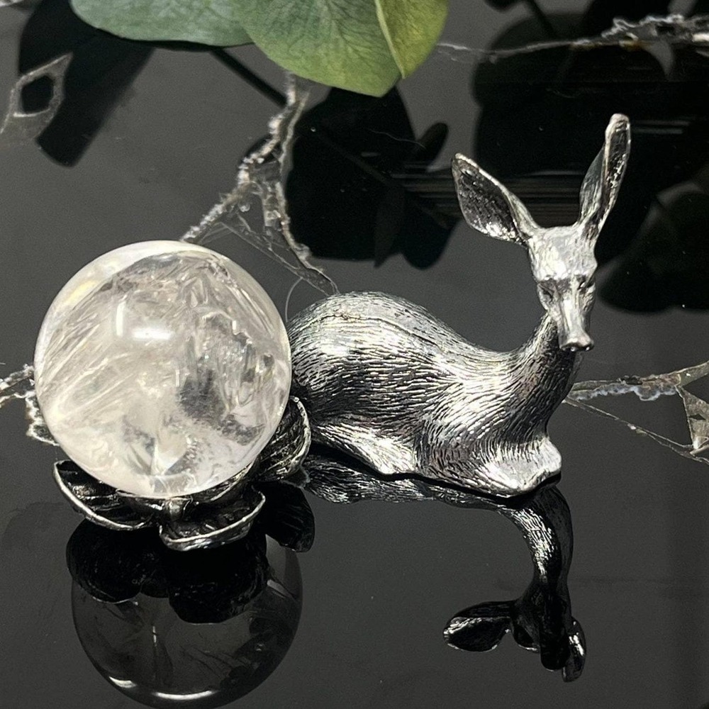 Silver Deer Sphere Stand Small Crystal Ball Holder Spirit Animal Doe Altar Decor